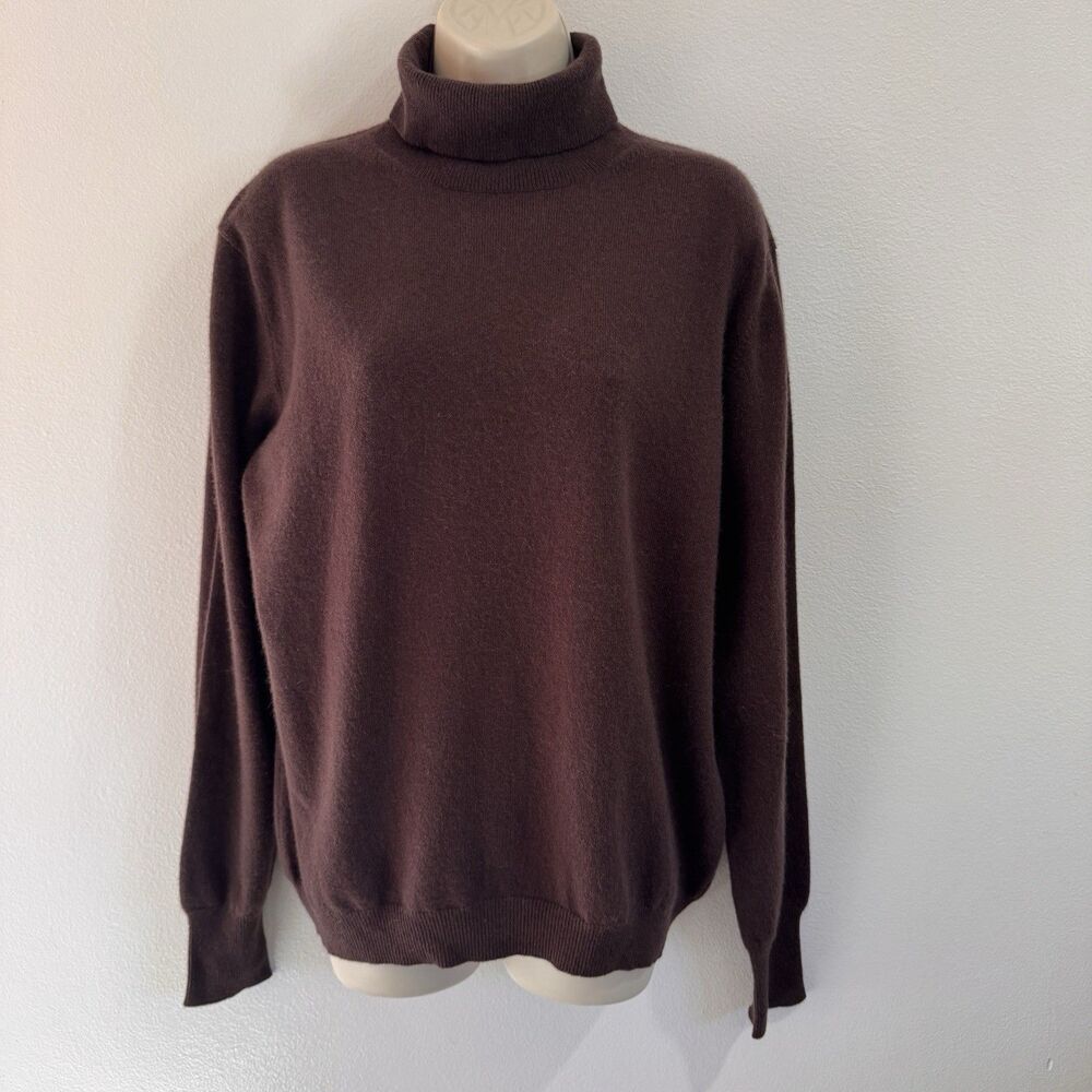 Kinross 100% Cashmere Sweater L Turtleneck Brown Soft Knit Ribbed Chic